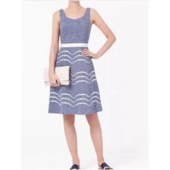 Boden 100% Linen Chambray Embroidered Fit & Flare‎ Sun Dress Sleeveless, Size 8 - Picture 2 of 9